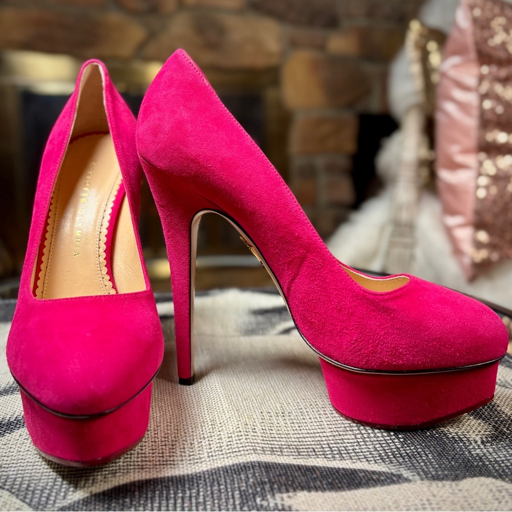 Charlotte Olympia Magenta Suede 1.5” Platform w/ 5.75” Heel, Sz 38.5/8 - Picture 5 of 10